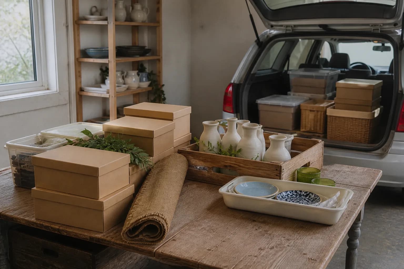 The workshop packed to travel: boxes, trays and a roll of burlap loaded in a car