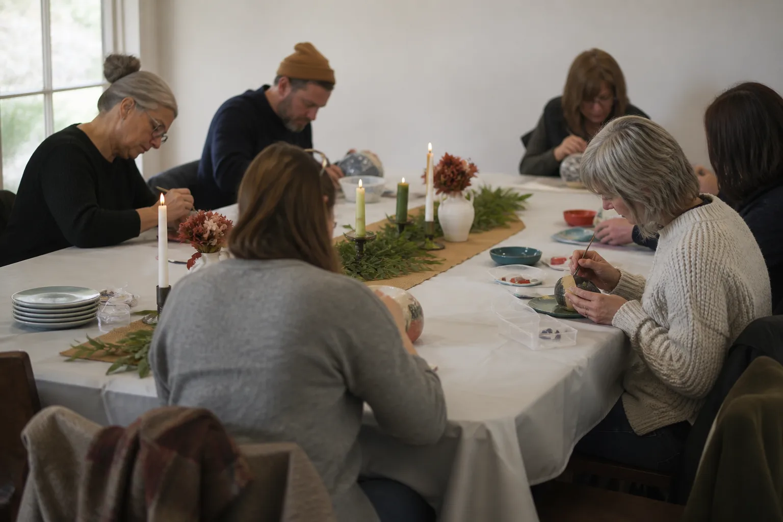 A table dressed for a celebration, guests partway through making something