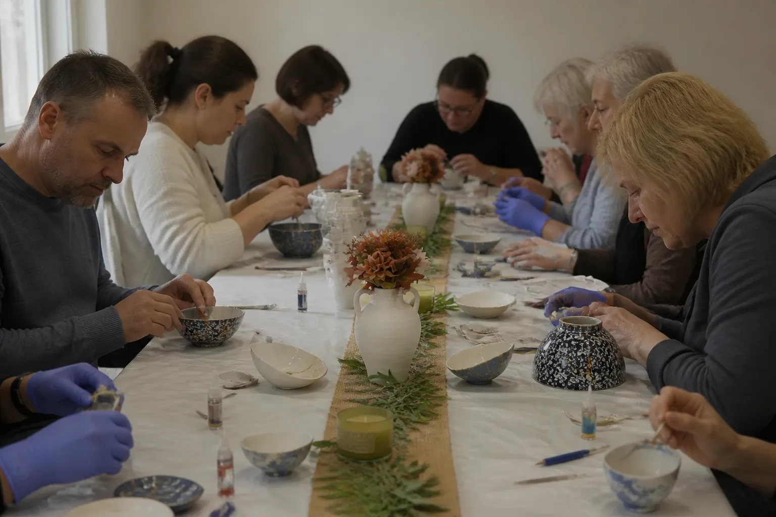 Nine guests along one long table, each working on their own piece