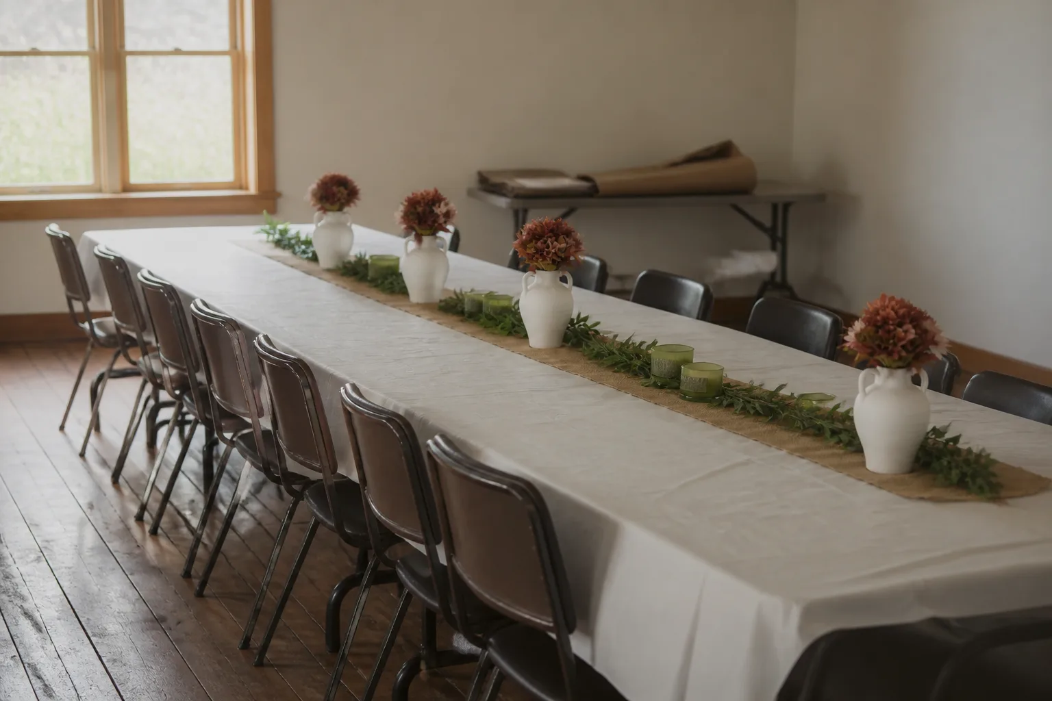The room set up before anybody arrives, twelve places laid down one long table