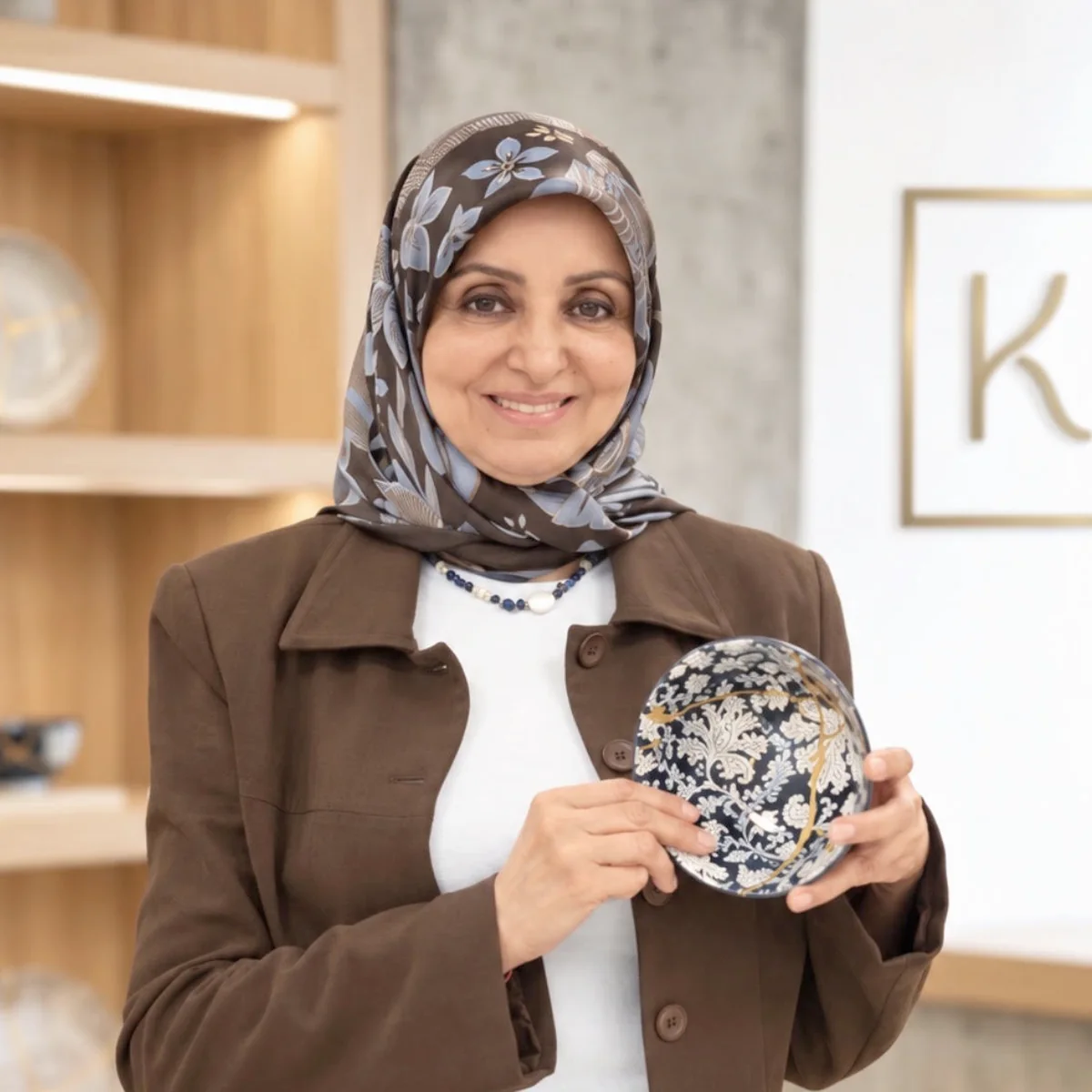 Inas Felfel holding a bowl she has repaired, the gold seam showing