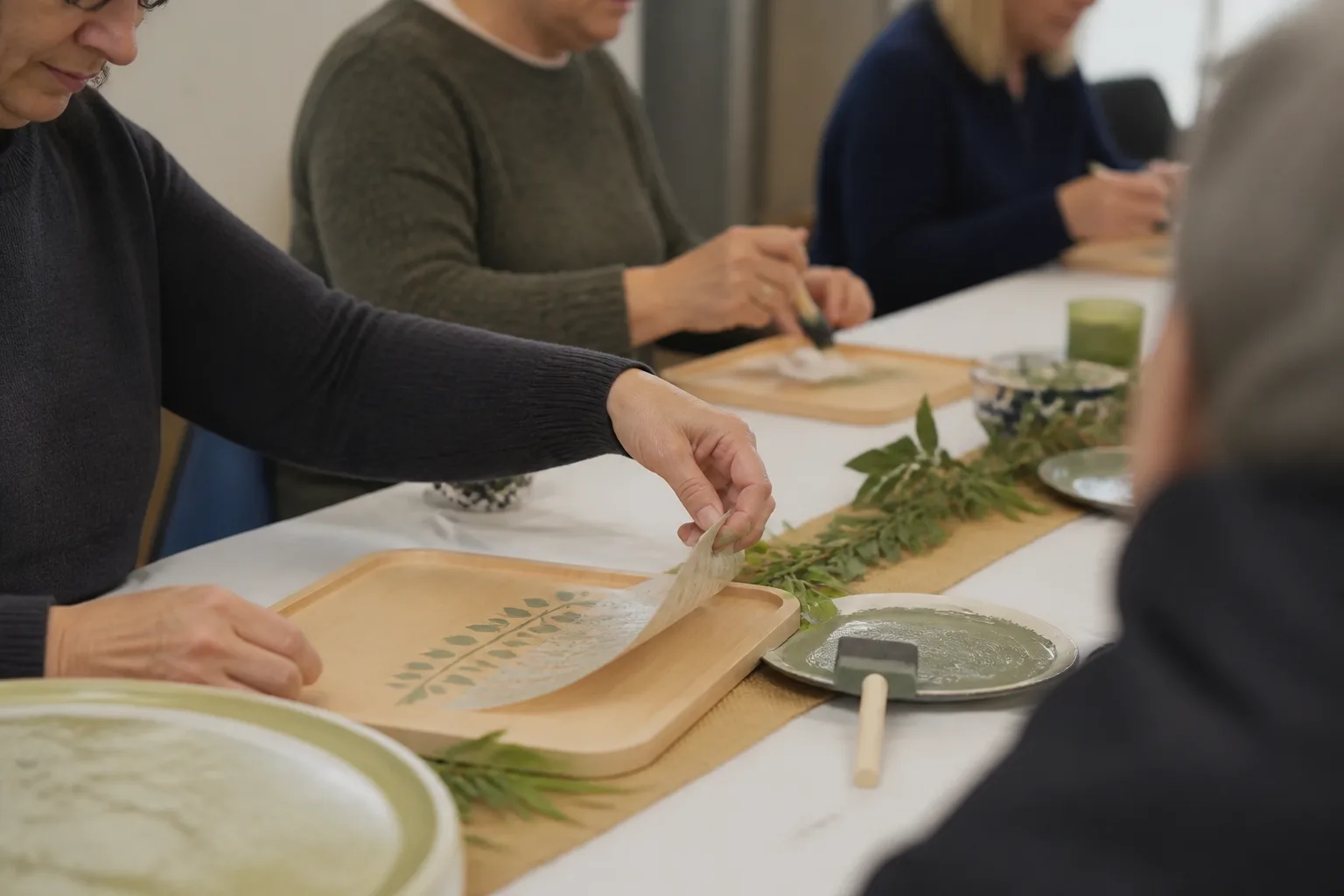 A stencil being lifted off a painted wooden tray
