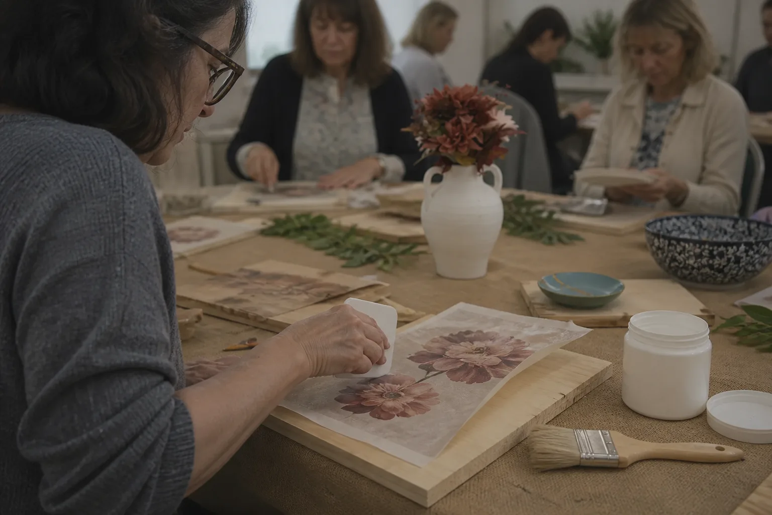 Image transfer in progress onto a timber panel, with paper sheets and a flat brush
