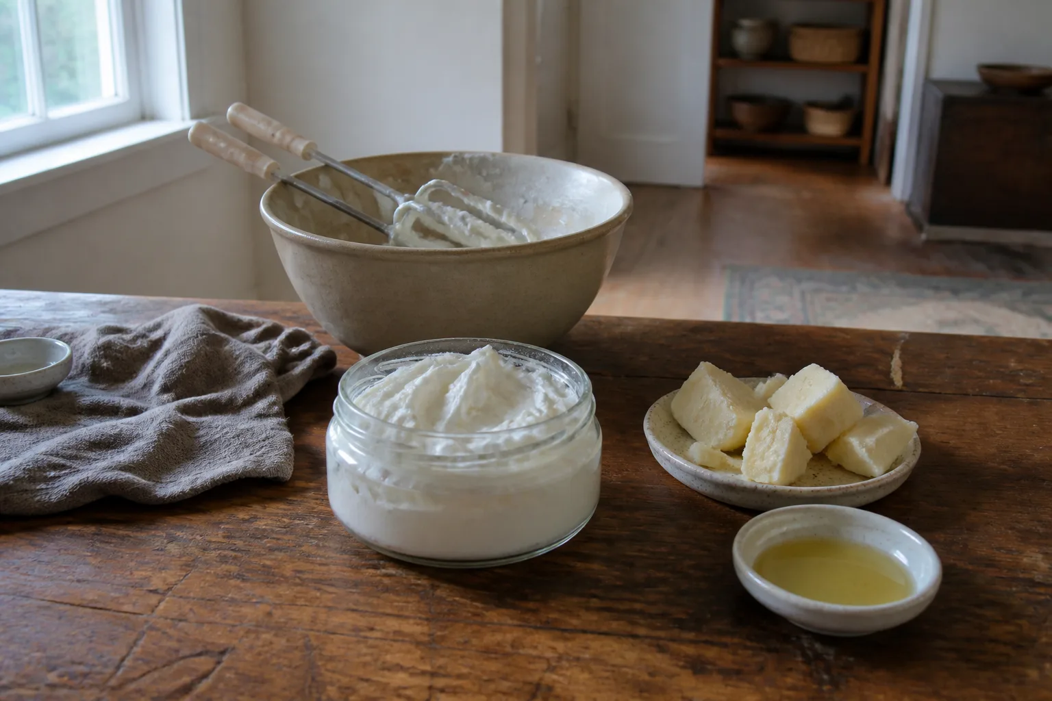 Whipped body butter in an open jar beside its ingredients