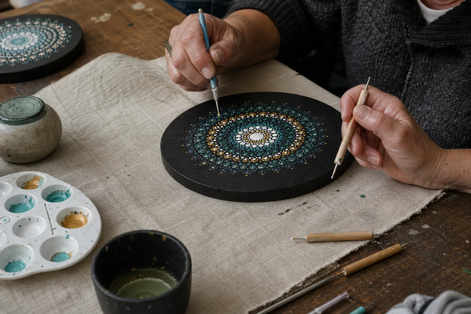 A mandala being built in dots on a dark round surface