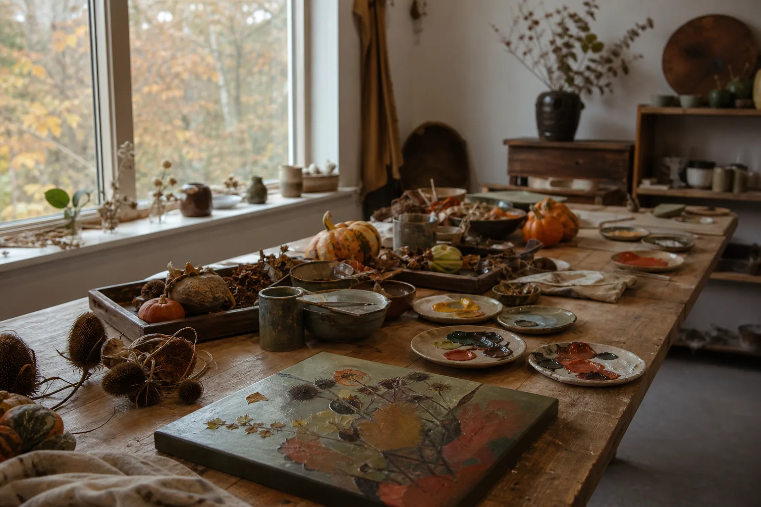 A workshop table laid with materials in autumn colours